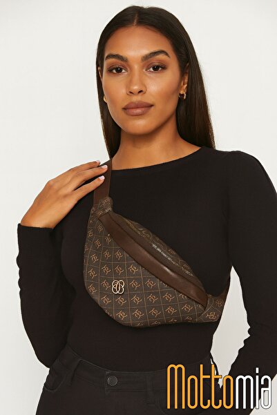Newish Polo Mottomia Brown Monogram Patterned Women's Waist Bag Vegan Leather Daily Sports Crossbody Bag