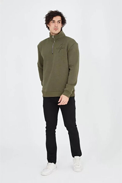 beybunn Men's Half Zipper Printed Three-Thread Cotton Thread Sweatshirt - Green