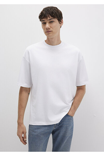 Mavi Bisiklet Yaka Beyaz Basic Tişört Oversize / Geniş Kesim 0613113-620