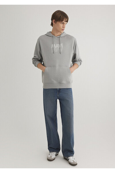 Mavi Logo Baskılı Kapüşonlu Gri Sweatshirt 0611317-70103