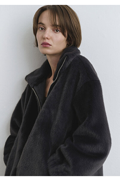 Mavi Antrasit Peluş Ceket Oversize / Geniş Kesim 1110597-84671