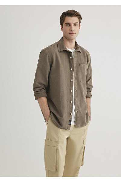 Mavi Keten Karışımlı Kahverengi Tencel Gömlek Regular Fit / Normal Kesim 0211...