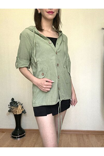 CCTWEAR Buttoned Hooded Linen Shirt/Jacket with Pocket Detail