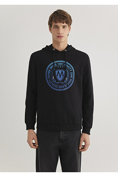 Mavi Mühür Logo Baskılı Kapüşonlu Siyah Sweatshirt 0611721-900