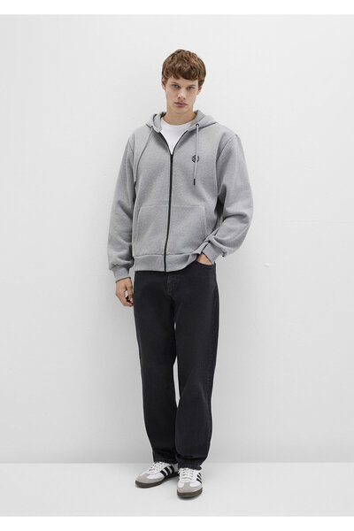 Mavi Logolu Kapüşonlu Fermuarlı Gri Sweatshirt 066979-34686
