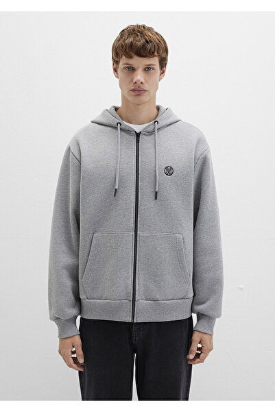 Mavi Logolu Kapüşonlu Fermuarlı Gri Sweatshirt 066979-34686