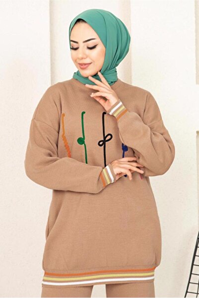 TRENDTESETTÜR KADIN KAHVE (CAMEL) DESENLİ RİBANALI TRİKO PANTOLONLU TAKIM 6922