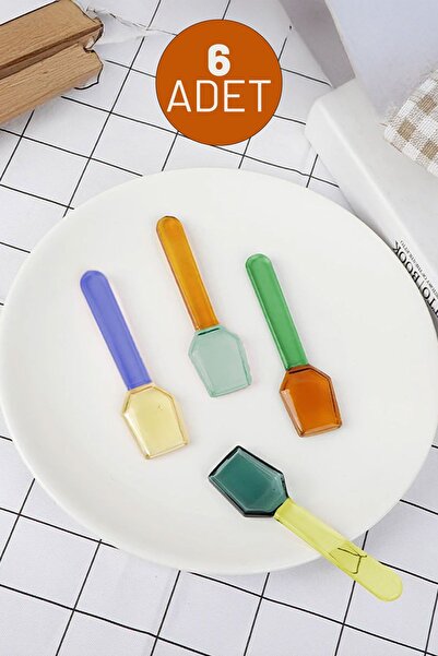 İronika 6lı Renkli Cam Kaşık Borosilikat Isıya Dayanıklı Özel Tasarım Çay Kahve Tatlı Kaşığı Altıgen
