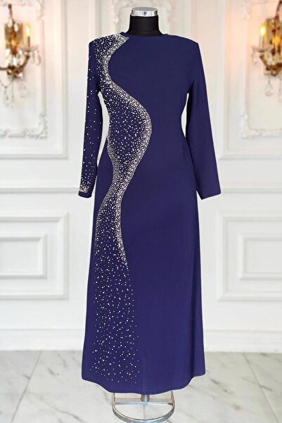 TRENDTESETTÜR Women's Dark Blue Pearl Detailed Evening Dress t 7063