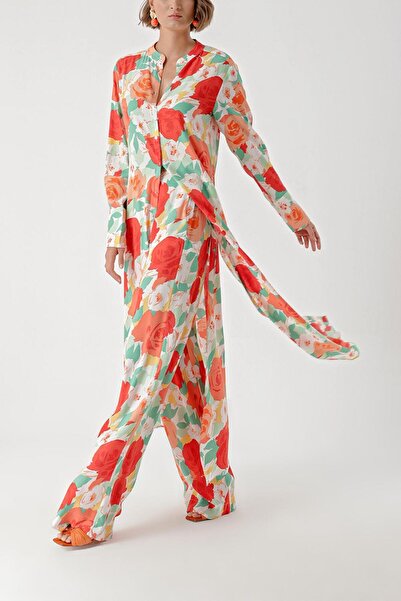 SOCIETA Beyaz Renkli Çiçekli Beli lastikli pantolonlu ikili takım 12322