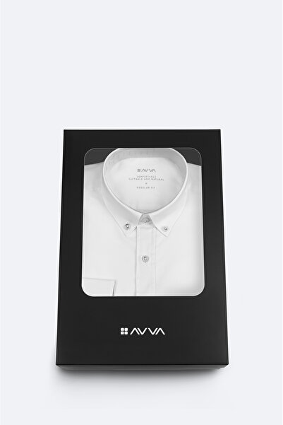 Avva Erkek Beyaz Düğmeli Yaka Hediye Kutulu %100 Pamuk Basic Regular Fit Gömlek B002034