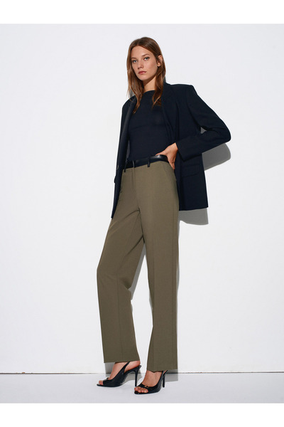 Dilvin 71603 Suni Deri Detaylı Pantolon-Yeşil