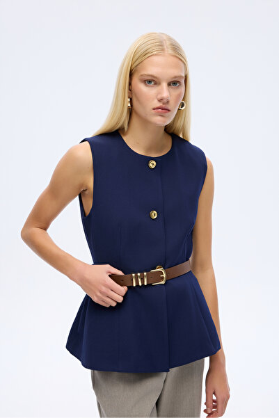 Quzu Buttoned Sleeveless Vest with Belt Accessories Navy Blue
