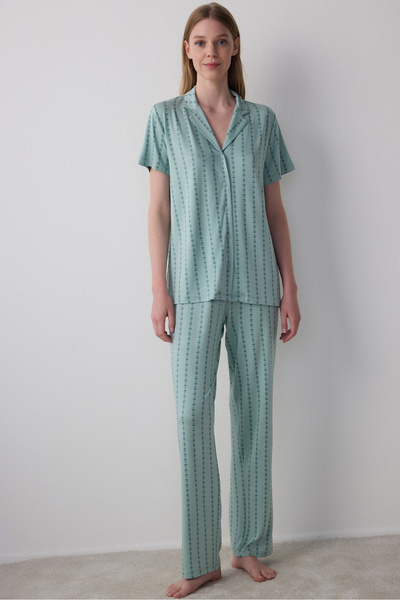 Penti Mint Yeşili Lenna Çizgili Gömlek Yaka Pijama Takımı