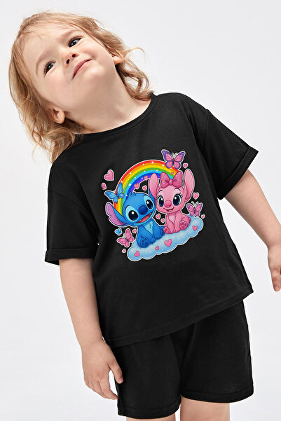 Store Stitch & Stitch Desen Baskılı Çocuk Siyah Ve Beyaz Tshirt