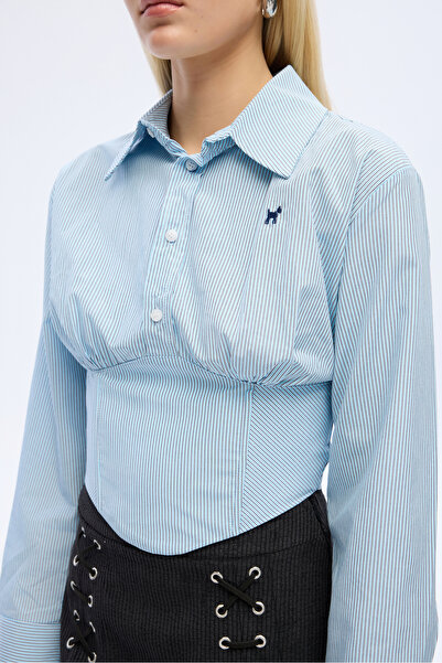 Quzu Nakış işlemeli Çizgili Korse Gömlek Mavi