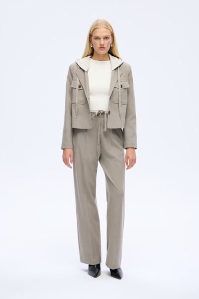 Quzu Çift Bel Detaylı Bağcıklı Bol Paça Pantolon Gri