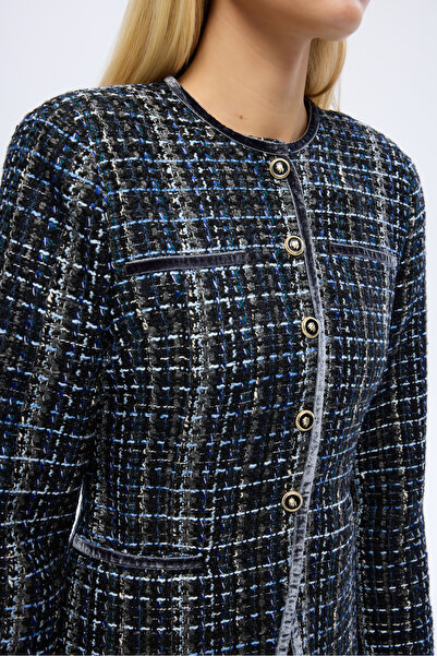 Quzu Яке с кръгла яка и копчета от туид, тъмно синьо