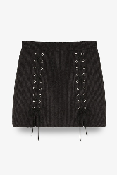 Quzu Lace-Up Velvet Corduroy Mini Skirt Black