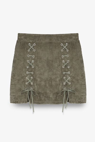 Quzu Lace-Up Velvet Corduroy Mini Skirt Khaki