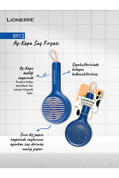 Lionesse Open-Close Self-Cleaning Hair Brush 8912 Pink |   Easy Cleaning, Ergonomic Design