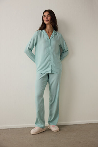 Penti Mint Sleep-In Yıldız Desenli Gömlek Yaka Uzun Kollu Pijama Takımı