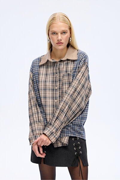 Quzu Renk Bloklu Ekose Oversize Gömlek Bej