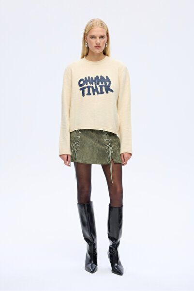 Quzu Bisiklet Yaka Yazı Desenli Triko Kazak Ekru