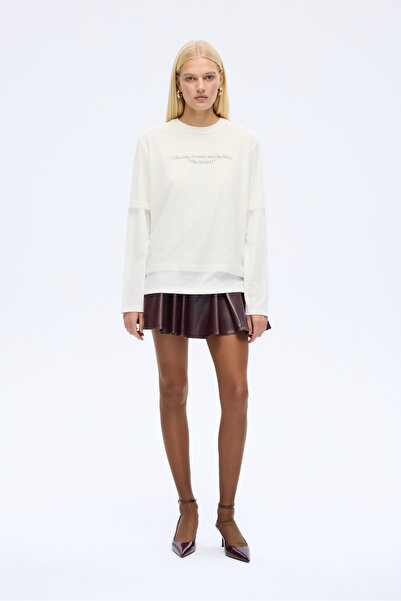 Quzu Tulle T-Shirt Garnished Oversize Sweatshirt Ecru