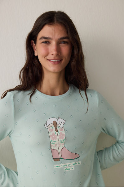 Penti Mint Sleep-In Sloganlı Termal Etkisi Bisiklet Yaka Uzun Kollu Pijama Üstü