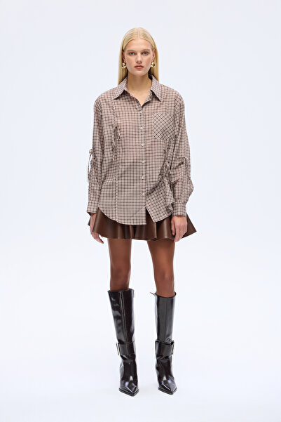 Quzu Ekose Bağcıklı Oversize Gömlek Kahverengi