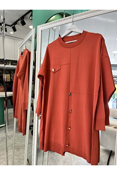 MERAM BUTİK Adn Thin Knit Tunic with Button Detail - Orange - 2
