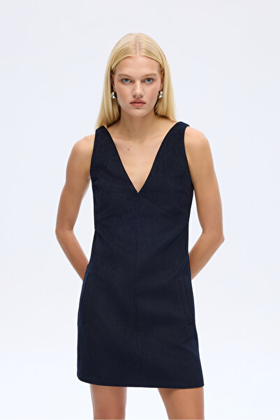 Quzu V-Neck Velvet Mini Dress Navy Blue