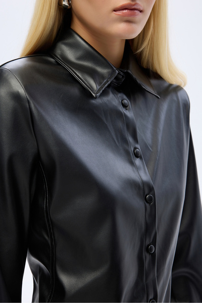 Quzu Bele Oturan Deri Gömlek Siyah