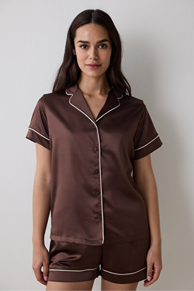 Penti Lilah Saténová košile Šortky Hnědá sada pyžama
