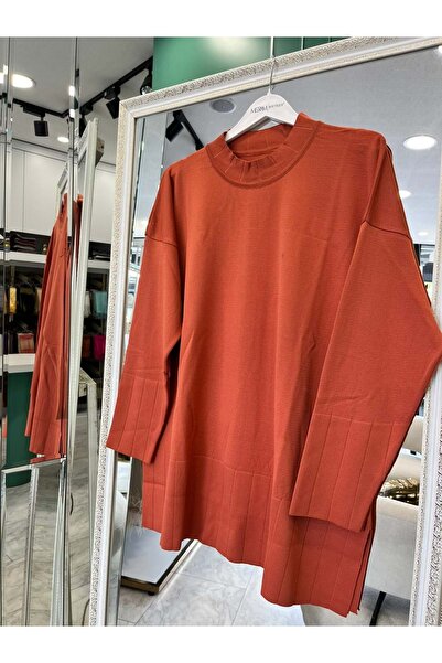 MERAM BUTİK Adn Thin Knit Tunic with Hair Braiding - Orange - 2