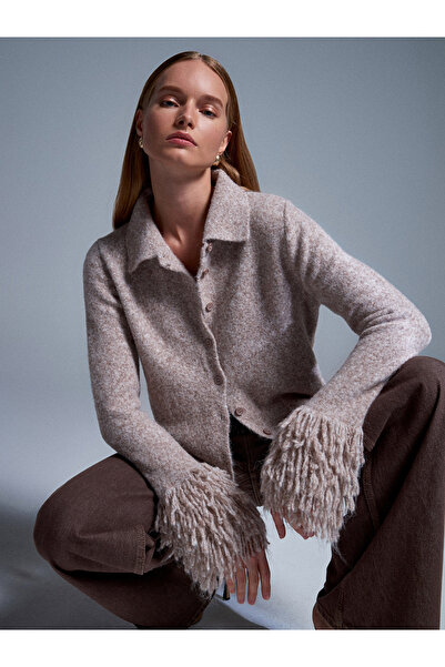 Dilvin 60992 Tassel Trim Knit Cardigan-Mink M.