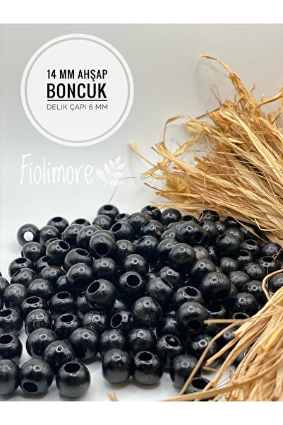 Fiolimore 14 mm Siyah Ahşap Boncuk (50 Gr 47 Adet)Geniş Delik Çapı 6 mm Makro...