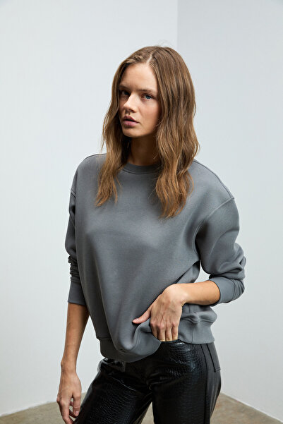 GRIMELANGE Vaneltina Women's Organic Cotton Soft Fleece Lined Round Neck Gray Sweatshirt