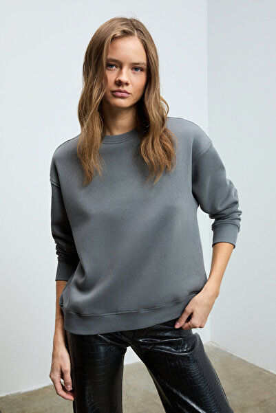 GRIMELANGE Vaneltina Women's Organic Cotton Soft Fleece Lined Round Neck Gray Sweatshirt