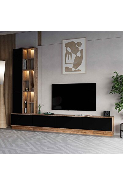 Stylish Home حامل تلفزيون باللون البني والأسود، 4 قطع، رفوف عالمية موديل 61، بني وأسود