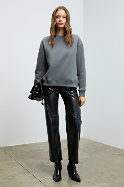 GRIMELANGE Vaneltina Women's Organic Cotton Soft Fleece Lined Round Neck Gray Sweatshirt