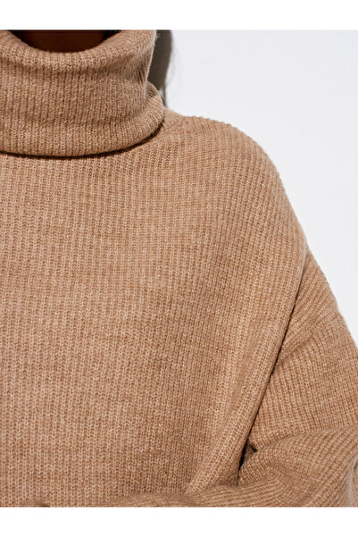 Dilvin 2268 Pulover cu gât roșu supradimensionat - Bej închis