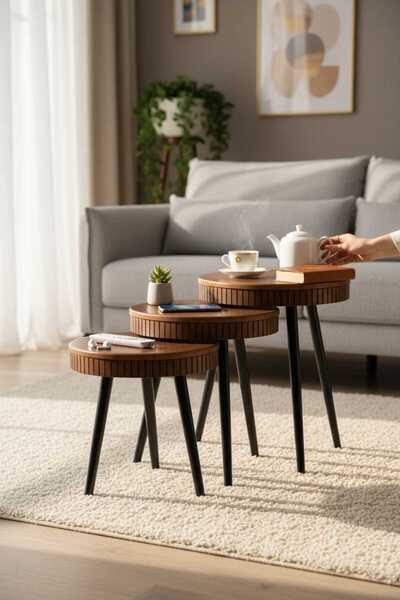 Akabesan Aksesuar Yuvarlak Modern 1.sınıf Kalite Ceviz Ahşap Rengi Kayın Ağacından Siyah Ayaklı 3'lü Zigon Sehpa