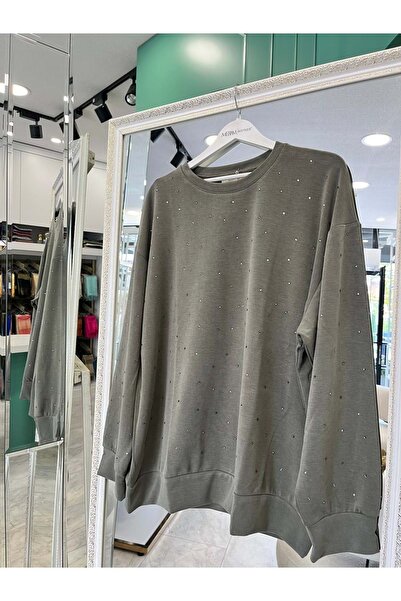 MERAM BUTİK Adn Minik Taşli Sweat Knitted Cupra - Khaki - 3