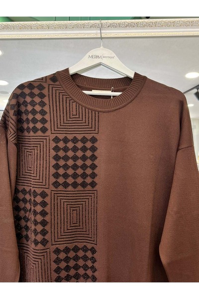 MERAM BUTİK Adn İnce Tri̇ko Tuni̇k Si̇mli̇ - Aci Kahve - 1