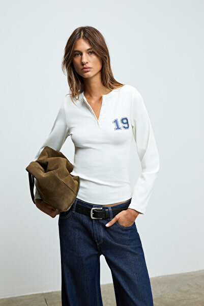 GRIMELANGE Matrush Women's Flexible and Soft Fabric Shoulder Padded Print Detailed Buttoned Long Sleeve White Blouse