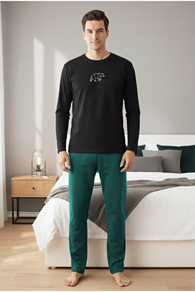 Siyah İnci синьо-зелений Вишитий довгий рукав Великий розмір В'язаний піжамний комплект7918