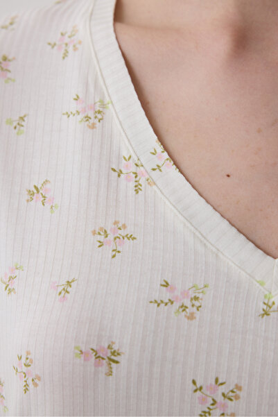 Penti Bloom Printed Ekru Tişört Pijama Üstü