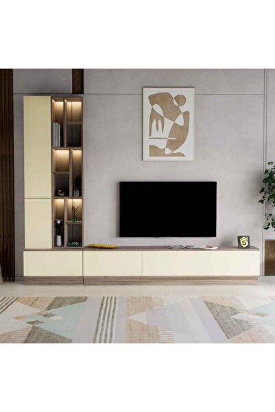 Stylish Home 4-Piece Wall Mounted TV Table with Shelves and Lighting, Beige, 61